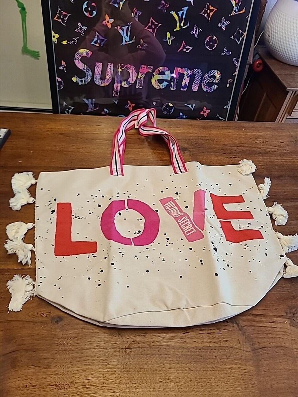 Victoria's Secret Canvas Tote Beach Getaway Weekender Bag New
